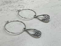 Silver Teardrop Scrolls Hoop Earrings