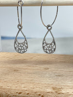 Silver Teardrop Scrolls Hoop Earrings