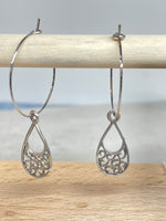 Silver Teardrop Scrolls Hoop Earrings