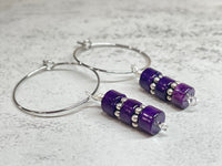 Purple Riverstone Heishi Drop Hoop Earrings