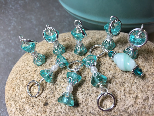 9 Piece Aqua Glass Stitch Marker Set- Snag Free Knitting Gift , Stitch Markers - Jill's Beaded Knit Bits, Jill's Beaded Knit Bits
 - 1