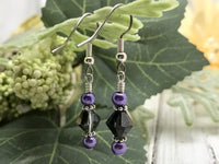 Black crystal & Purple Glass Pearl Earrings