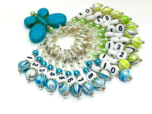 1-20 Numbered Stitch Marker Set with Blue Butterfly Holder