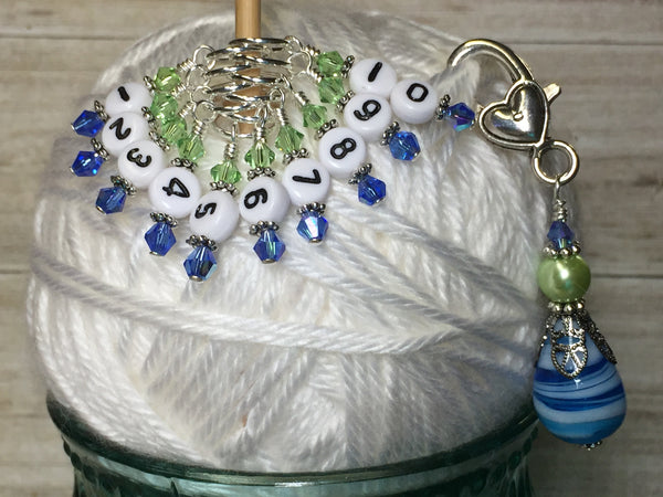 Numbered Stitch Markers with Beaded Holder- Blue Green , Stitch Markers - Jill's Beaded Knit Bits, Jill's Beaded Knit Bits
 - 1