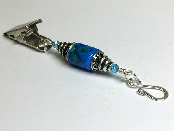 Blue Swirled Glass Portuguese Knitting Pin- Clip on ID Badge Pin , Portugese Knitting Pin - Jill's Beaded Knit Bits, Jill's Beaded Knit Bits
 - 1