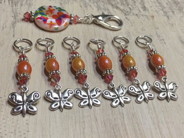 Orange Butterfly Stitch Marker Holder and Matching Butterfly Stitch Markers , Stitch Markers - Jill's Beaded Knit Bits, Jill's Beaded Knit Bits
 - 1