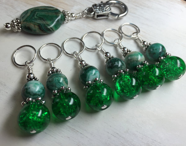 Green Agate & Cracked Glass Stitch Marker Holder Set- Snag Free , Stitch Markers - Jill's Beaded Knit Bits, Jill's Beaded Knit Bits
 - 1