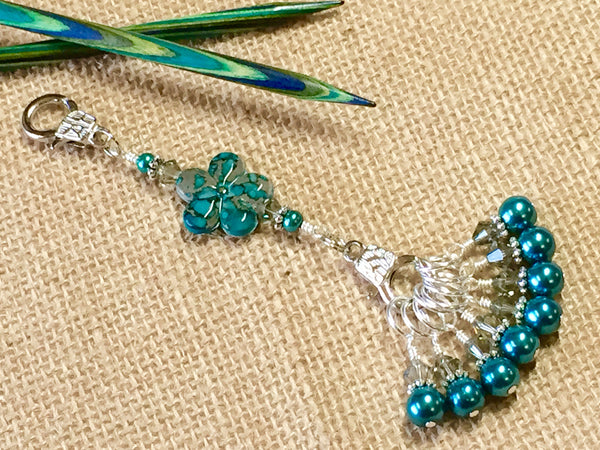 Peacock Blue Flower Knitting Bag Lanyard Accessory , Stitch Markers - Jill's Beaded Knit Bits, Jill's Beaded Knit Bits
 - 1