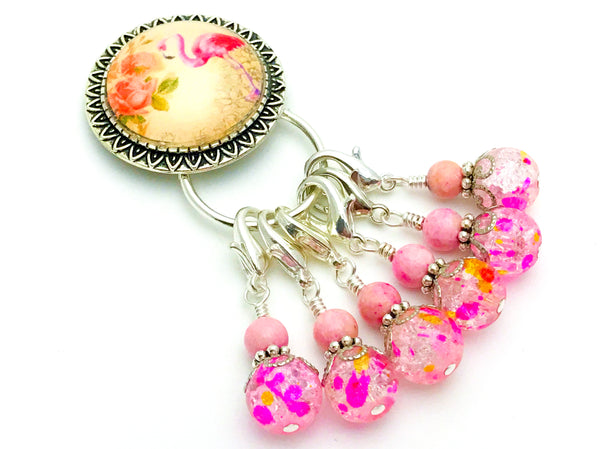 Magnetic Pink Flamingo Brooch Holder and Removable Stitch Markers