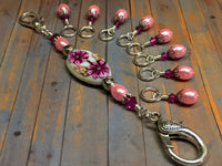 Handpainted Pink Flower Knitting Bag Lanyard , Stitch Markers - Jill's Beaded Knit Bits, Jill's Beaded Knit Bits
 - 2