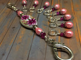 Handpainted Pink Flower Knitting Bag Lanyard , Stitch Markers - Jill's Beaded Knit Bits, Jill's Beaded Knit Bits
 - 4