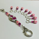 Handpainted Pink Flower Knitting Bag Lanyard , Stitch Markers - Jill's Beaded Knit Bits, Jill's Beaded Knit Bits
 - 7