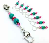 Pink Turquoise Stitch Marker Lanyard Holder Set- Attaches to Your Knitting Bag