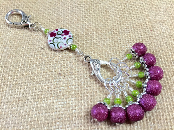 Raspberry Lime Stitch Markers & Flower Knitting Bag Lanyard Holder , Stitch Markers - Jill's Beaded Knit Bits, Jill's Beaded Knit Bits
 - 1