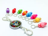 Sugar Skull Knitting Stitch Marker Set, Includes Holder