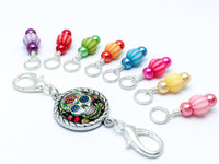 Sugar Skull Knitting Stitch Marker Set, Includes Holder