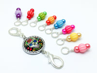 Sugar Skull Knitting Stitch Marker Set, Includes Holder