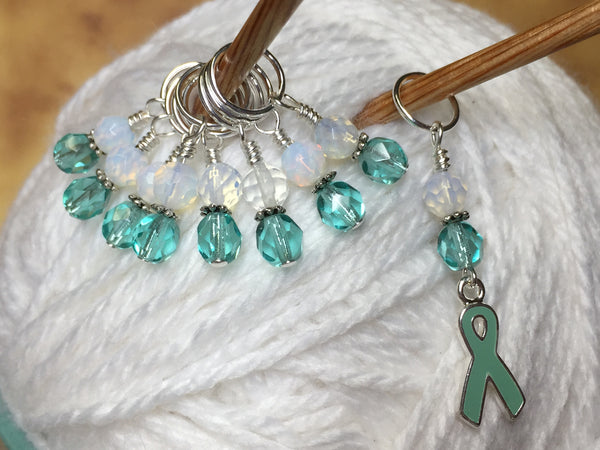 Teal Awareness Ribbon Stitch Marker Set- Ovarian Cancer , Stitch Markers - Jill's Beaded Knit Bits, Jill's Beaded Knit Bits
 - 1