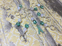 Teal Awareness Ribbon Stitch Marker Set- Ovarian Cancer , Stitch Markers - Jill's Beaded Knit Bits, Jill's Beaded Knit Bits
 - 5