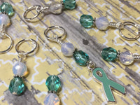 Teal Awareness Ribbon Stitch Marker Set- Ovarian Cancer , Stitch Markers - Jill's Beaded Knit Bits, Jill's Beaded Knit Bits
 - 6