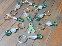 Teal Awareness Ribbon Stitch Marker Set- Ovarian Cancer , Stitch Markers - Jill's Beaded Knit Bits, Jill's Beaded Knit Bits
 - 8