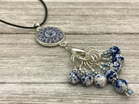 Blue Speckle Stitch Marker Necklace | Adjustable Leather Cord | Snag Free