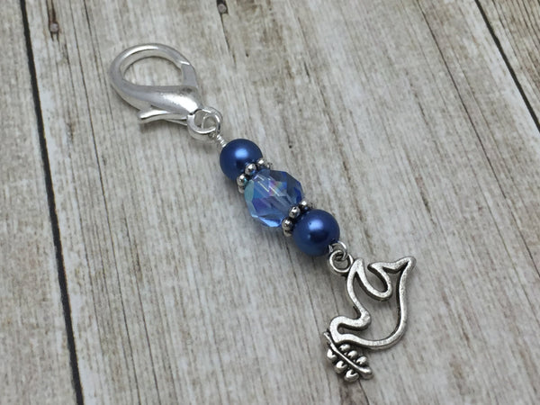 Beaded Dove Zipper Pull Jewelry, Blue Key Chain Charm, Crochet Stitch Marker, Purse Jewelry, Necklace Pendant ,  - Jill's Beaded Knit Bits, Jill's Beaded Knit Bits
 - 1