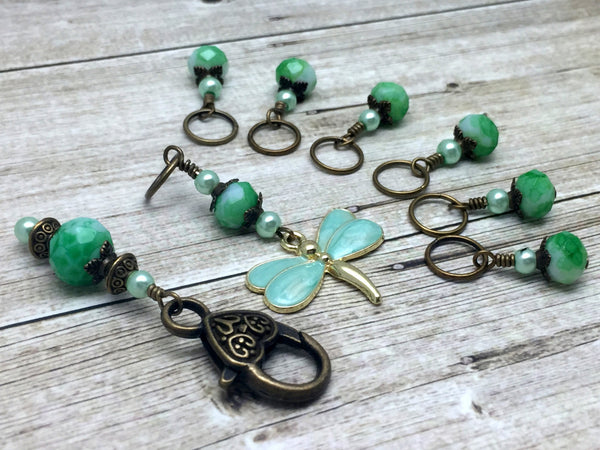 Mint Green Dragonfly Stitch Markers with Holder - Beaded Snag Free Knitting marker Set - Gift for Knitters- Tools - Knitting Bag organizer ,  - Jill's Beaded Knit Bits, Jill's Beaded Knit Bits
 - 1