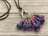 Stitch Marker Necklace for Knitting on Adjustable leather Cord, Includes 7 Knitting Markers