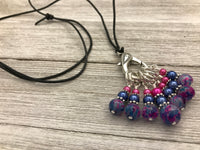 Stitch Marker Necklace for Knitting on Adjustable leather Cord, Includes 7 Knitting Markers