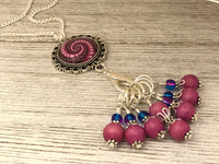 Pink Swirl Stitch Marker Necklace, Includes 7 Markers,Choose Leather Cord or Silver Chain