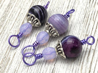Striped Agate Stitch Markers on Purple Wire, Gifts for Knitters