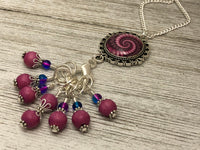 Pink Swirl Stitch Marker Necklace, Includes 7 Markers,Choose Leather Cord or Silver Chain