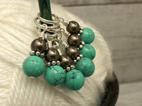 Turquoise & Chocolate Snag Free Stitch Marker Charms | Knitting Progress Keepers | Gifts for Knitters | US3-US17 | Optional Matching Holder