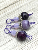 Striped Agate Stitch Markers on Purple Wire, Gifts for Knitters