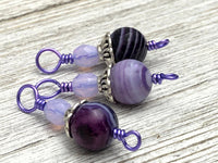 Striped Agate Stitch Markers on Purple Wire, Gifts for Knitters