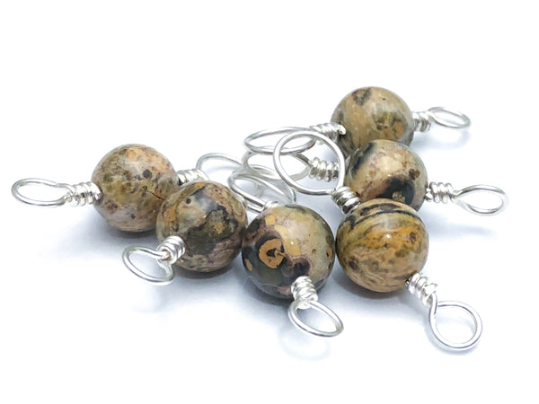 Leopard Jasper Double Duty Stitch Markers, 2 Sided Marker on Anti Tarnish Wire