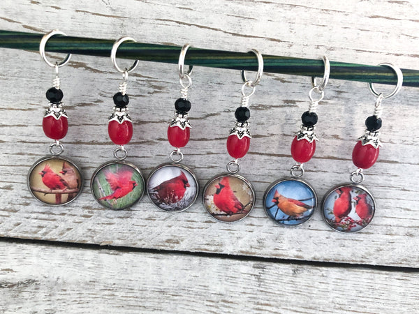 Cardinals Stitch Marker Set for Knitting or Crochet, Snag Free Rings or Clasps