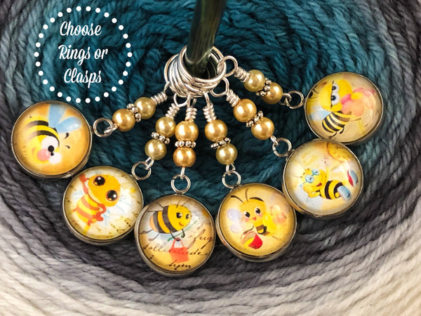 Honey Bee Stitch Markers for Knitting or Crochet, Choose Rings or Clasps