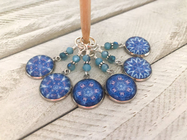 Blue Mandala Stitch Markers for Knitting or Crochet, Choose Rings or Clasps