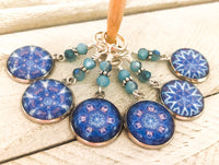 Blue Mandala Stitch Markers for Knitting or Crochet, Choose Rings or Clasps
