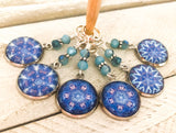 Blue Mandala Stitch Markers for Knitting or Crochet, Choose Rings or Clasps