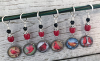 Cardinals Stitch Marker Set for Knitting or Crochet, Snag Free Rings or Clasps