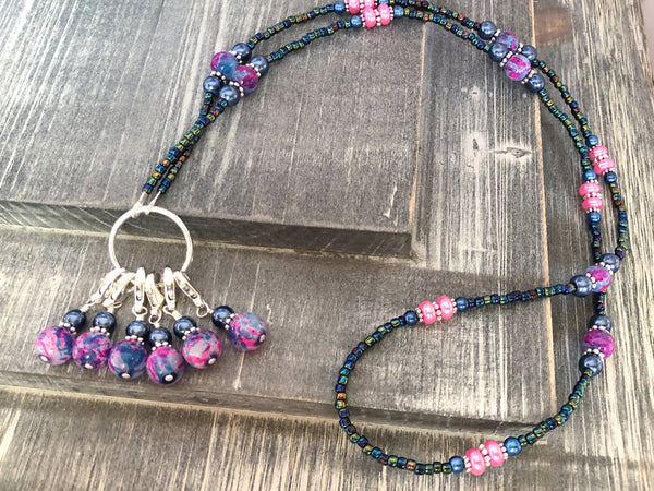 Stitch Marker Necklace for Knitting or Crochet, Includes Removable Progress Keepers