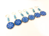 Blue Mandala Stitch Markers for Knitting or Crochet, Choose Rings or Clasps