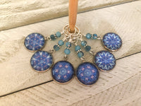 Blue Mandala Stitch Markers for Knitting or Crochet, Choose Rings or Clasps