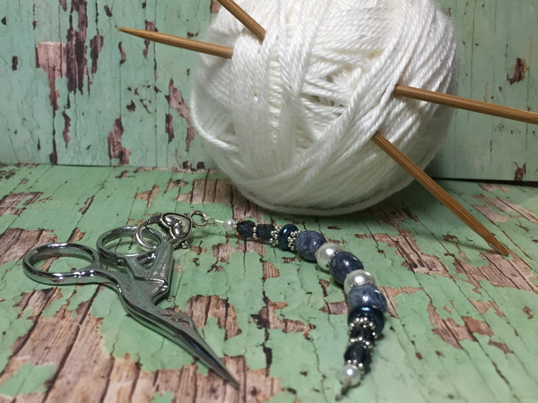 Stone Wash Blue Scissor Fob, Sewing Accessories, Beaded Scissor Jewelry, Zipper Pull, Needle Craft Gifts, Beaded Lanyard ,  - Jill's Beaded Knit Bits, Jill's Beaded Knit Bits
 - 1