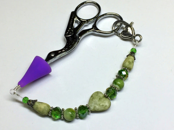 Green Heart Beaded Scissor Fob, Sewing Accessories, Scissor Charm, Zipper Pull, Needle Craft Gifts, Lanyard ,  - Jill's Beaded Knit Bits, Jill's Beaded Knit Bits
 - 1