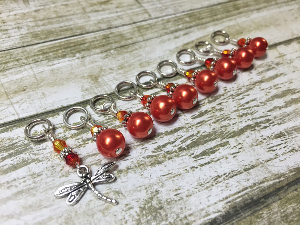 Orange Dragonfly Stitch Marker Set- 9 pieces , Stitch Markers - Jill's Beaded Knit Bits, Jill's Beaded Knit Bits
 - 1